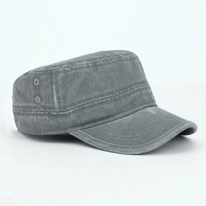 Detail view of grey cotton army cap showing side metal eyelets and reinforced stitching