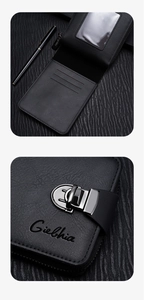 Close-up of the silver metal clasp and Gielbhia brand logo on a black leather wallet