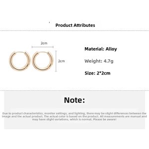 Detail showing polished gold alloy hoop earrings with 2x2cm size and 4.7g weight