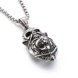 Silver lion head pendant necklace with skull bail in gothic stainless steel style
