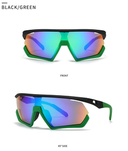 Front and 45-degree side view of oversized sport sunglasses in black and green finish