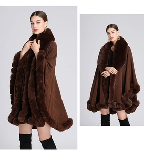 Detailed views of brown knitted poncho featuring soft faux rabbit fur trim on the collar