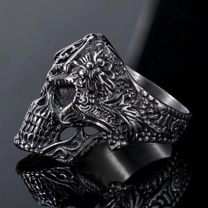 Retro punk skull ring in vintage silver finish with Masonic AG totem and embossed details
