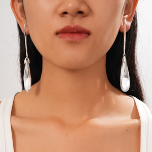 Minimalist long silver needle earrings with large clear glass water drop pendants