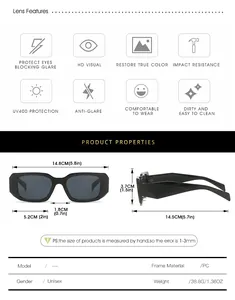 Detailed sizing chart and specifications for square frame UV400 fashion sunglasses