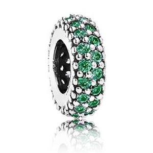 Green crystal pavé heart charm bead for bracelets in polished silver finish