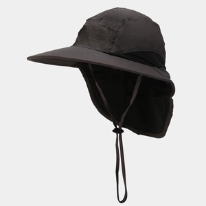 Dark grey outdoor sun hat with wide brim, neck protection flap and adjustable drawcord