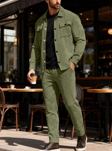 Olive green faux suede men's two-piece casual jacket and pants set for outdoor wear
