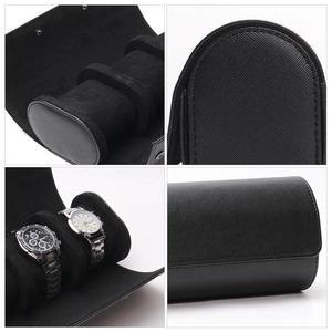 Three-slot PU leather watch storage box with soft velvet lining and removable cushions