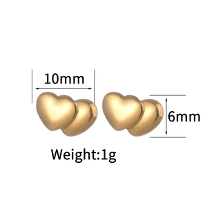 Detail view of gold heart stud earrings showing 10mm length and 6mm width dimensions