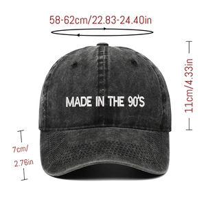 Detailed dimensions of black washed baseball cap with MADE IN THE 90'S white embroidery