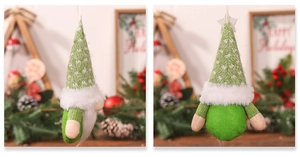 Detail view of green and white Christmas gnome ornaments with knit hats and faux fur beards