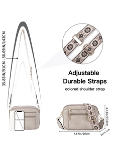 Detailed size guide of light grey crossbody bag with floral strap and metal buckle
