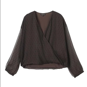 Dunkelbraune Chiffon-Wickeloberteil mit Polka Dots, V-Ausschnitt und langen Ärmeln