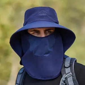 Men's outdoor sun hat with large brim and face neck protection in navy blue