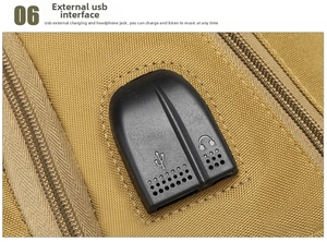 Detail of outdoor tactical backpack showing external USB charging and headphone port