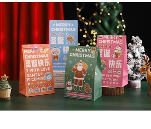 Detailed view of colorful Christmas gift bags featuring festive illustrations and greetings