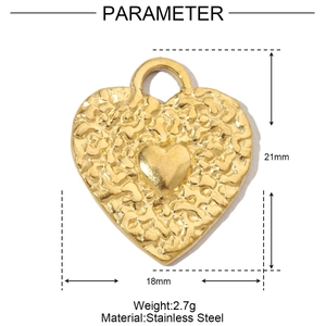 Detail view of 21mm hammered gold heart pendant with dimensions and stainless steel material