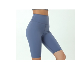 Detailed side view of high-waisted fog blue yoga shorts showing seamless texture and fit