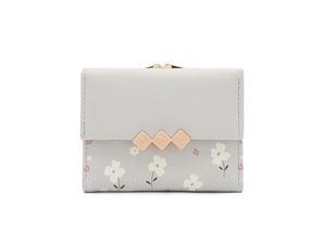 Floral print mini tri-fold wallet for women with gray leather and metal clasp detail