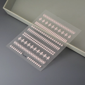 5D embossed sweet pink lace nail stickers with small rhinestones for 3D manicures