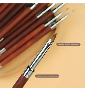 Detail of nail art brush with precision metal ferrule and secure wood handle