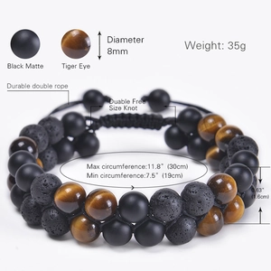 8mm double-layer matte black lava and tiger eye stone braided bracelet for men