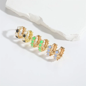 French vintage pentagram hoop earrings in gold metal with multi-colored enamel finish