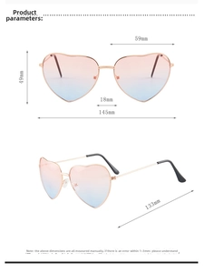 Size chart for heart-shaped sunglasses with detailed lens width and frame measurements