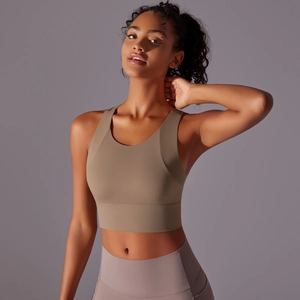 Detail shot of mocha yoga bra showing high-elastic seamless fabric and wide straps support