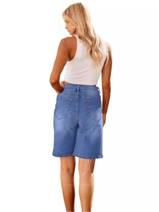 Back view of women's washed blue high-waist denim capri shorts with elastic waist