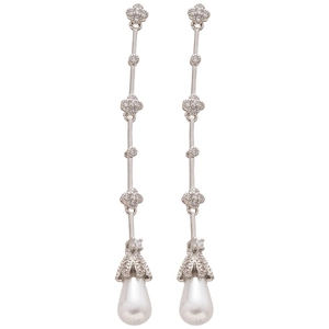 Silver drop earrings with clover leaf crystal motifs and hanging pearl pendants
