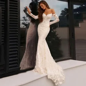 Elegant white lace mermaid wedding dress with off-shoulder V-neck and long sleeves