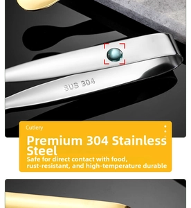 Macro shot of 304 stainless steel food tongs with food-grade SUS 304 laser engraving