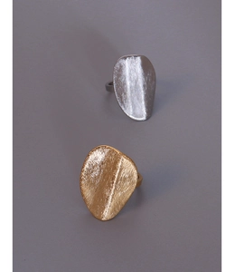 Detailed macro view of brushed matte irregular oval rings in gold and silver finishes