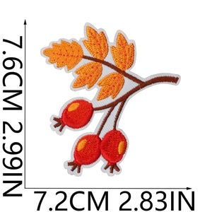 Detail of embroidered patch showing red berries and orange leaves with size dimensions