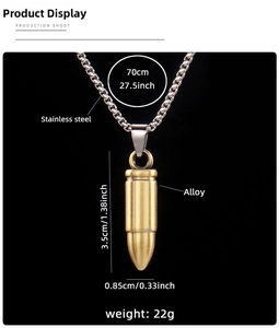Detailed view of golden bullet pendant necklace with dimensions and stainless steel chain