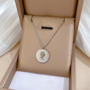 Minimalist silver stainless steel coin pendant necklace with Queen Elizabeth II portrait