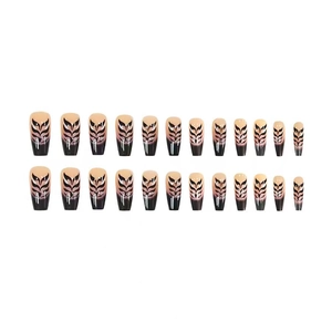 Long coffin fake nails featuring black flame pattern and elegant gradient design