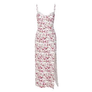 Floral print summer slip dress with pink rose patterns, lace V-neckline, and side leg slit