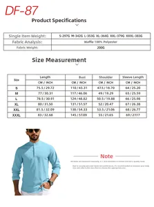 Detailed size guide table for men's waffle knit short sleeve polo shirt with measurements