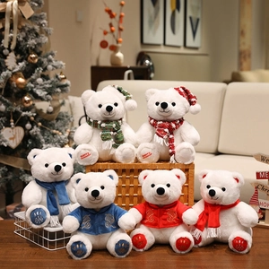 Christmas Polar Bear Plush Toy White Soft Rabbit Fur Animal Doll With Scarf Hat Festive Holiday Gift For Kids Room Decor