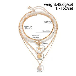 Three-layer beach beaded necklace with starfish, gold shell, and faux pearl charms