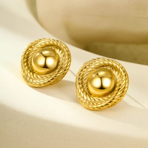 French vintage 18K gold-plated stainless steel round stud earrings with rope texture