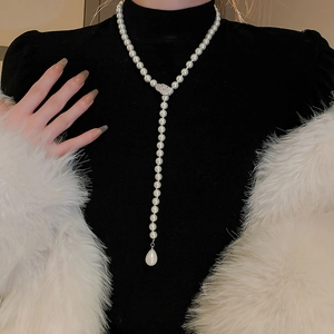 Vintage Long Artificial Pearl Necklace Y-Shaped Lariat Sweater Chain Women Elegant Leaf Zircon Teardrop Pendant French Style Jewelry