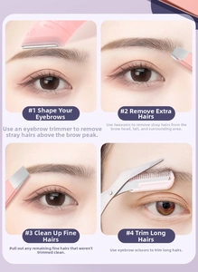 Four-step tutorial showing eyebrow trimming with pink razor, tweezers, and comb scissors