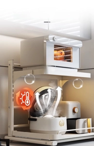 Detail view of cream white two-tier kitchen shelf with pull-out rack for rice cooker