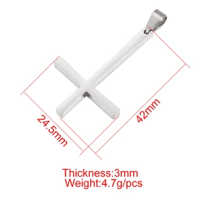 Polished stainless steel cross pendant with detailed size measurements of 42mm by 24.5mm