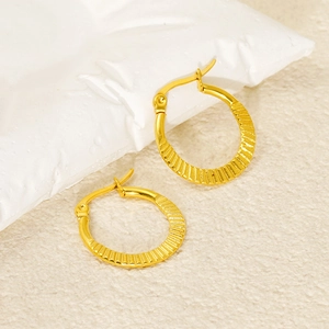 Pleated Texture Hoop Earrings 18K Gold Plated Stainless Steel Radiating Grooved Round Geometric Jewelry For Women