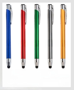 Close-up of five-color metal ballpoint pens with touch stylus tips and silver ring accents